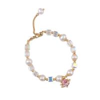 bracelet en laiton de perle d'eau douce cultivée, avec laiton, avec 6 chaînes de rallonge, 14K rempli d’or, Réglable & bijoux de mode & pour femme & avec strass .5 cm, Vendu par PC