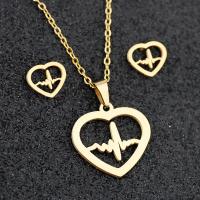 Fashion Stainless Steel Jewelry Sets, 304 Stainless Steel, Stud Earring & sweater chain necklace, Heart, Vacuum Plating, 2 pieces & fashion jewelry & for woman, golden, 19*17mm,9*8mm Approx 17.72 Inch 