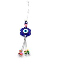 Hanging Ornaments, Lampwork, with Polymer Clay & Wax Cord & Wood, Flower, evil eye pattern, blue cm 