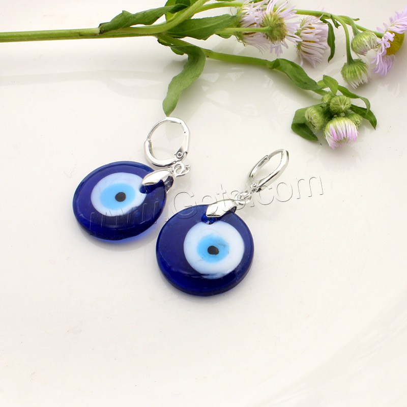 Evil Eye Earrings, Lampwork, with Zinc Alloy, Flat Round, silver color plated, Unisex & evil eye pattern, blue, 20mm, Sold By Pair