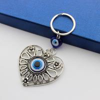 Evil Eye Key Chain, Zinc Alloy, with Lampwork, Heart, antique silver color plated, evil eye pattern, 30mm,15mm,60mm cm 