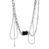 Collar de la joyería de titanio, Partículas de acero, con Taladro de vidrio & Ojo de gato & aleación de zinc, con 5.5cm extender cadena, chapado en color de plata, para mujer, longitud:39 cm, Vendido por UD