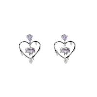 Plastic Pearl Zinc Alloy Earring, with Plastic Pearl, Heart, silver color plated, fashion jewelry & for woman & with rhinestone, purple 