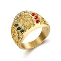 Titanium Steel Finger Ring, Virgin Mary, real gold plated & for man & with rhinestone, 17.5mm, US Ring 