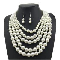 Plastic Pearl Jewelry Set, earring & necklace, with Zinc Alloy, with 7cm extender chain, 2 pieces & fashion jewelry & multilayer & for woman, white Approx 50-67 cm 