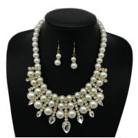 Plastic Pearl Jewelry Set, earring & necklace, with Zinc Alloy, with 1.97inch extender chain, 2 pieces & fashion jewelry & multilayer & for woman & with rhinestone, white Approx 16.93 Inch 