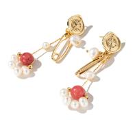 Freshwater Pearl Brass Earring, with Freshwater Pearl & Strawberry Quartz, fashion jewelry & for woman, 60mm 