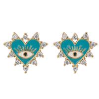 Evil Eye Earrings, Brass, with Cubic Zirconia, Heart, gold color plated, fashion jewelry & for woman & enamel Approx 