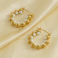 Titanium Steel Earrings, with Plastic Pearl, 18K gold plated, fashion jewelry & for woman, golden 