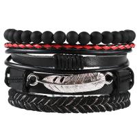 Cowhide Bracelets, with PU Leather & Zinc Alloy, handmade, 4 pieces & braided bracelet & for man, black, 60mm 