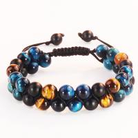 Gemstone Bracelets, Tiger Eye, with Polyester Cord & Gemstone, Round, Double Layer & Unisex Approx 6.7-11 Inch 