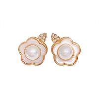 Freshwater Pearl Brass Earring, with Brass, for woman & with rhinestone, white, 6-6.5mm 
