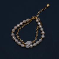 Cultured Freshwater Pearl Brass Bracelet, with Brass, with 1.97inch extender chain, fashion jewelry & for woman, white, 5-6mm,8-9mm Approx 6.3 Inch 