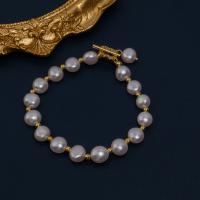 Cultured Freshwater Pearl Brass Bracelet, with Brass, gold color plated, fashion jewelry & for woman & with rhinestone, white, 7-8mm Approx 6.3 Inch 