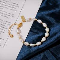 Cultured Freshwater Pearl Brass Bracelet, with Brass, gold color plated, fashion jewelry & for woman, white, 5-7mm 