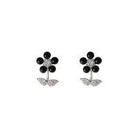 Zinc Alloy Rhinestone Stud Earring, with Glass Beads, Flower, silver color plated, fashion jewelry & for woman & with rhinestone, black 