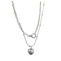 Titanium Steel Jewelry Necklace, with zinc alloy pendant, with 5cm extender chain, Heart, silver color plated, Double Layer & fashion jewelry & for woman, silver color cm, 44 cm 