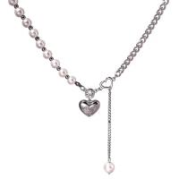 Titanium Steel Jewelry Necklace, with Plastic Pearl & Brass, with 6.5cm extender chain, Heart, silver color plated, fashion jewelry & for woman, silver color cm 