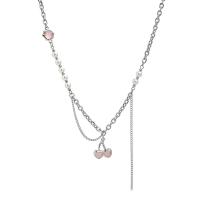 Titanium Steel Jewelry Necklace, with zinc alloy pendant & Cats Eye & Plastic Pearl, with 5.5cm extender chain, Cherry, silver color plated, fashion jewelry & for woman cm 