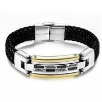 Titanium Steel Bracelet & Bangle, with Leather, handmade, braided bracelet & for man, black, Inner Approx 58mm 