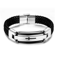 Titanium Steel Bracelet & Bangle, with Leather, handmade, braided bracelet & for man Inner Approx 58mm 