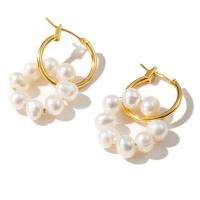 Freshwater Pearl Brass Earring, with Brass, fashion jewelry & for woman 