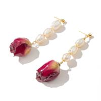 Aretes de agua dulce perla latón, Perlas cultivadas de agua dulce, con metal, Rosa, Joyería & para mujer, 70x18mm, Vendido por Par
