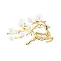 Plastic Pearl Brooch, Brass, with Plastic Pearl, Deer, gold color plated, Christmas Design & for woman & with rhinestone, golden 