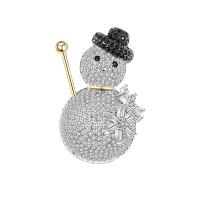 Christmas Jewelry Brooch , Brass, with Cubic Zirconia, Snowman, silver color plated, Christmas Design & for woman, silver color 