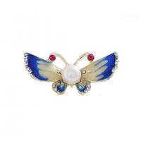 Enamel Brooch, Zinc Alloy, with Plastic Pearl, Butterfly, gold color plated, Unisex & with rhinestone, mixed colors 
