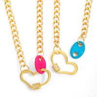Brass Jewelry Necklace, with Cubic Zirconia, with 5cm extender chain, Heart, gold color plated, for woman & enamel & hollow Approx 42.5 cm 