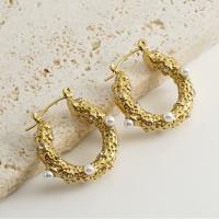 Titanium Steel Earrings, with Plastic Pearl, 18K gold plated, fashion jewelry & for woman, golden, 23mm 