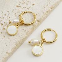 Titanium Steel Earrings, with Shell & Plastic Pearl, 18K gold plated, fashion jewelry & for woman, golden, 33mm 