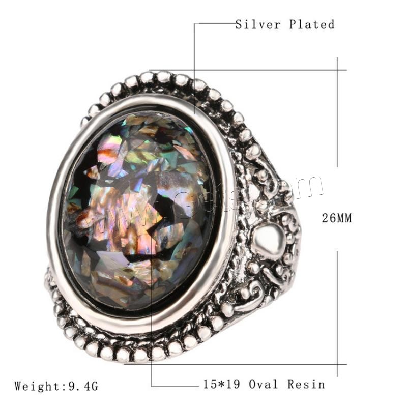 Смола цинкового сплава кольцо, цинковый сплав, с канифоль, Овальная форма, плакирован серебром, разный размер для выбора & Женский, Много цветов для выбора, 26mm, размер:7-10, продается PC