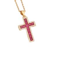Brass Necklace, with 304 Stainless Steel Chain, with 1.97inch extender chain, Cross, gold color plated, micro pave cubic zirconia & for woman Approx 15.7 Inch 