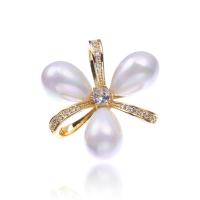 Plastic Pearl Brooch, Brass, with Plastic Pearl, Flower, plated, micro pave cubic zirconia & for woman 