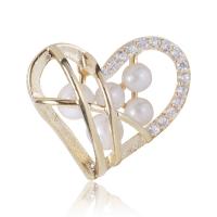 Cubic Zirconia Brooch, Brass, with Plastic Pearl, Heart, plated, micro pave cubic zirconia & for woman 