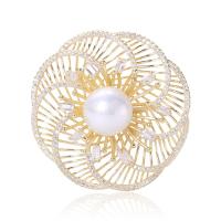 Cubic Zirconia Brooch, Brass, with Plastic Pearl, Flower, gold color plated, micro pave cubic zirconia & for woman, white 