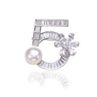Cubic Zirconia Brooch, Brass, with Plastic Pearl, Number 5, plated, micro pave cubic zirconia & for woman 