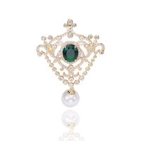 Cubic Zirconia Brooch, Brass, with Plastic Pearl, gold color plated, micro pave cubic zirconia & for woman, green 