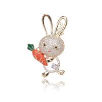 Cubic Zirconia Brooch, Brass, Rabbit, gold color plated, micro pave cubic zirconia & for woman & enamel, orange 