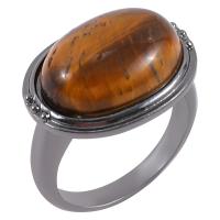 Gemstone Zinc Alloy Finger Ring, with Tiger Eye, antique silver color plated, for man, brown, Inner Approx 19mm 