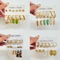 Resin Zinc Alloy Earring, with ABS Plastic Pearl & Resin, plated, 6 pieces & fashion jewelry & for woman & with rhinestone, golden 