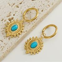 Titanium Steel Earrings, with turquoise, 18K gold plated, fashion jewelry & for woman, golden, 21.5mm,16mm 