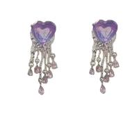 Zinc Alloy Rhinestone Drop Earring, with Glass Rhinestone, Heart, silver color plated, fashion jewelry & for woman, purple 