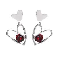 Zinc Alloy Rhinestone Drop Earring, with Glass Rhinestone, Heart, silver color plated, fashion jewelry & for woman, red 