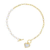 Titanium Steel Jewelry Necklace, with White Shell & Freshwater Pearl, gold color plated, for woman Approx 15.75 Inch 
