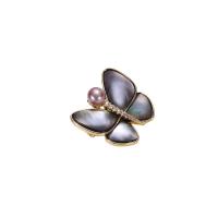 Freshwater Pearl Brooch, Brass, with Black Shell & Freshwater Pearl, Butterfly, plated, micro pave cubic zirconia & for woman 