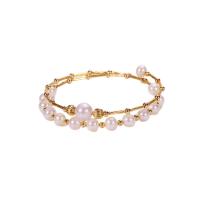 Cultured Freshwater Pearl Brass Bracelet, Copper Alloy, with Freshwater Pearl, gold color plated, Adjustable & open & for woman, 58mm 