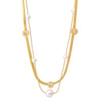 Fashion Multi Layer Necklace, 304 Stainless Steel, with Cubic Zirconia & Plastic Pearl, with 5cm extender chain, Round, Vacuum Ion Plating, Double Layer & for woman, white, 10mm,8mm Approx 39 cm, Approx 42 cm 